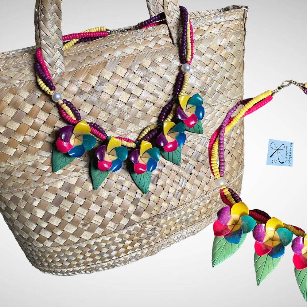 Vintage Wood Tropical Floral Statement Necklace